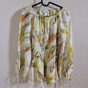 H&M White and Yellow Long Sleeve Tie Front Blouse